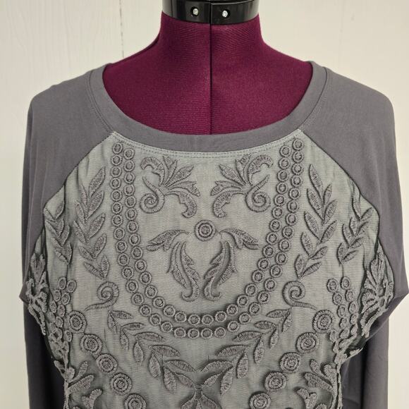 Women's Ruby Rd Gray Mixed Media Long Sleeve Crochet Front Blouse | Size Large - Picture 4 of 11